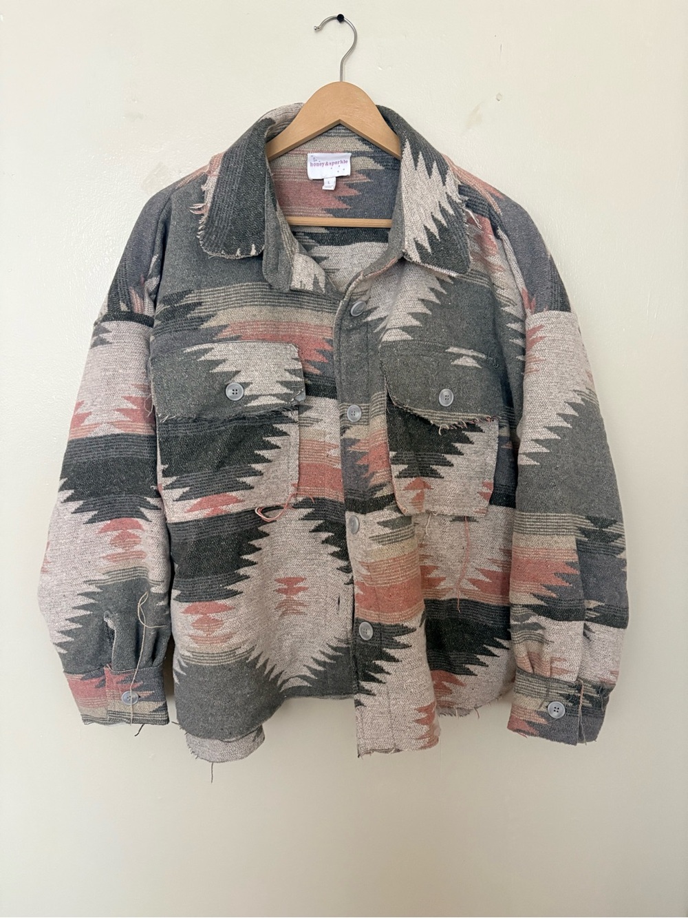 Vintage-Inspired Aztec Wool Blend Shacket in Gray and Rust